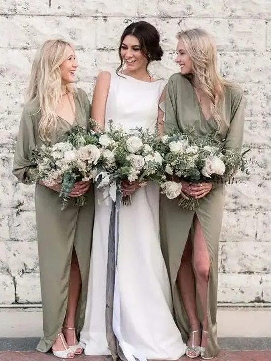 matching long sleeve sage green wrap bridesmaid dresses and a plain modern wedding dress for the bride