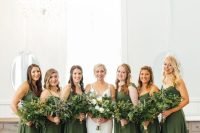matching maxi green bridesmaid dresses with pleated skirts for a cool idea for an organic wedding