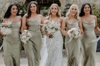 matching olive green slip maxi bridesmaid dresses with cowl necklines are great for spring and summer weddings