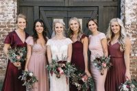mismatched blush, burgundy maxi bridesmaid dresses with various designs and detailing for a fall wedding