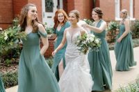 mismatching bright green maxi bridesmaid dresses with pockets and pleated skirts are great for spring and summer