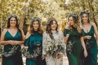 mismatching emerald and teal bridesmaid dresses with various necklines and silhouettes are very chic and cool