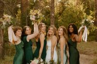 mismatching green, dark green and sage green midi and maxi bridesmaid dresses are a cool choice for a wedding