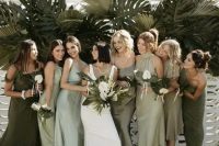 mismatching green midi and maxi bridesmaid dresses featuring different shade are great for a tropical wedding