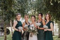 mismatching green midi and maxi bridesmaid dresses with various necklines and detailing are great for a green wedding
