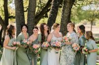 mismatching light green maxi bridesmaid dresses are a chic and catchy idea for a summer wedding