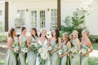 mismatching light green maxi bridesmaid dresses with side slits are chic for spring and summer