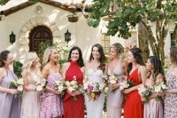 mismatching light pink, neutral and hot red maxi bridesmaid dresses with and without prints are fantastic