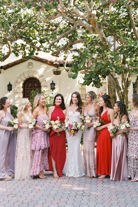 mismatching light pink, neutral and hot red maxi bridesmaid dresses with and without prints are fantastic