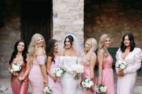 mismatching pale pink, light pink maxi and midi bridesmaid dresses with various kinds of detailing and silhouettes
