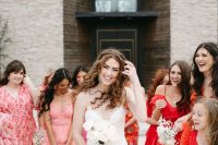 mismatching pink and red bridesmaid dresses of various kinds are adorable for a modern colorful wedding