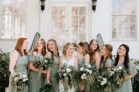mismatching sage green maxi bridesmaid dresses are perfection for a spring or summer wedding