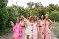 mismatching short and maxi pink bridesmaid dresses with various kinds of detailing and silhouettes