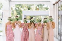 mix and match blush, pink and pale pink maxi bridesmaid dresses with various necklines are great for spring and summer
