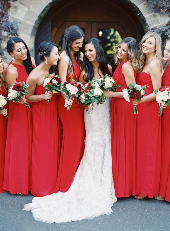 mix and match deep red maxi bridesmaid dresses with pleated skirts are a cool solution if you have red in your color palette