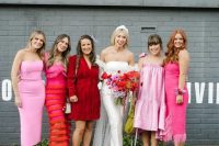 mix and match light pink, hot pink and red short and midi bridesmaid dresses for a bright modern wedding