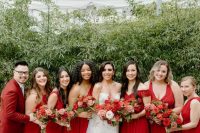 mix and match maxi red bridesmaid dresses are a cool idea for a wedding infused with red
