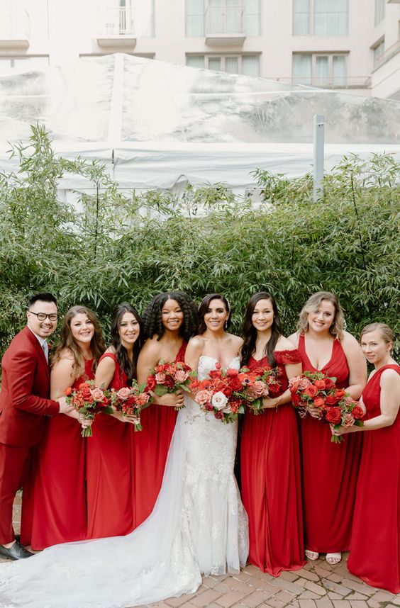 mix and match maxi red bridesmaid dresses are a cool idea for a wedding infused with red