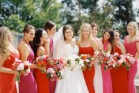 mix and match red and pink maxi bridesmaid dresses to bring even more color to your bright wedding