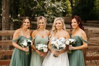 off the shoulder maxi pleated bridesmaid dresses with sweetheart necklines are great for a refined wedding