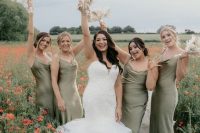 olive green maxi slip bridesmaid dresses are great for a spring, summer and fall weddings and look cool