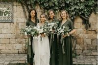 olive green midi dresses with V-necklines for a green and white wedding in spring or summer