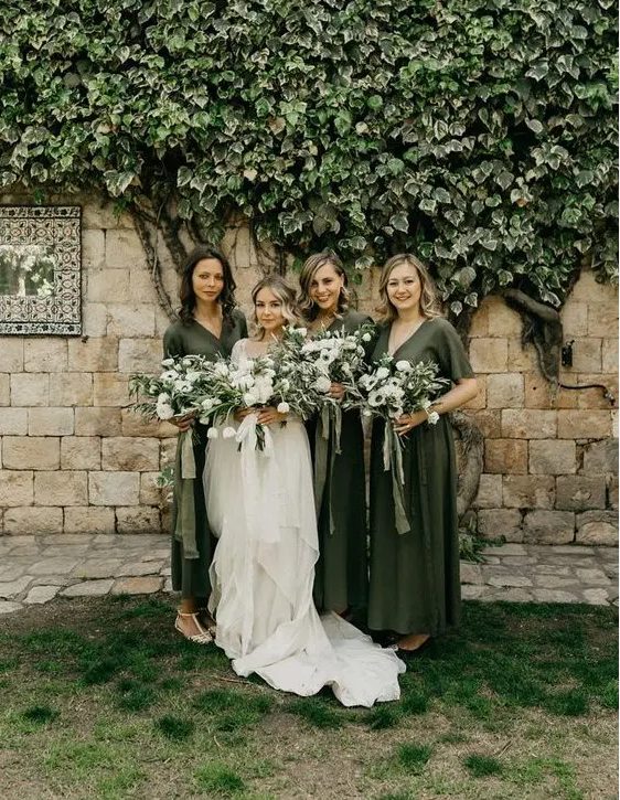 Olive green midi dresses with V necklines for a green and white wedding in spring or summer