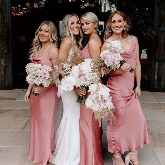 pretty and trendy pink slip bridesmaid dresses with cowl necks are great for spring and summer