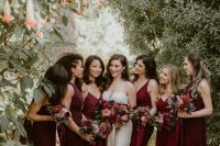 refined mismatching burgundy maxi dresses will be a perfect idea for a bold fall wedding