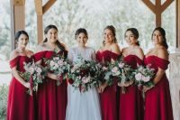 refined off the shoulder deep red maxi and midi bridesmaid dresses are adorable for a fall owinter wedding