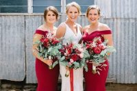 ruby red off the shoulder bridesmaid dresses for an elegant vintage wedding or for a holiday one