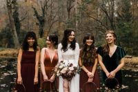 rust, burgundy, dusty pink and dark green mismatching maxi bridesmaid dresses are gorgeous for a fall moody wedding