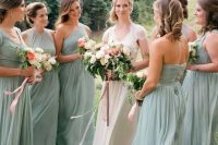 sage green mismatching maxi dresses with various necklines and silhouettes for a pastel touch