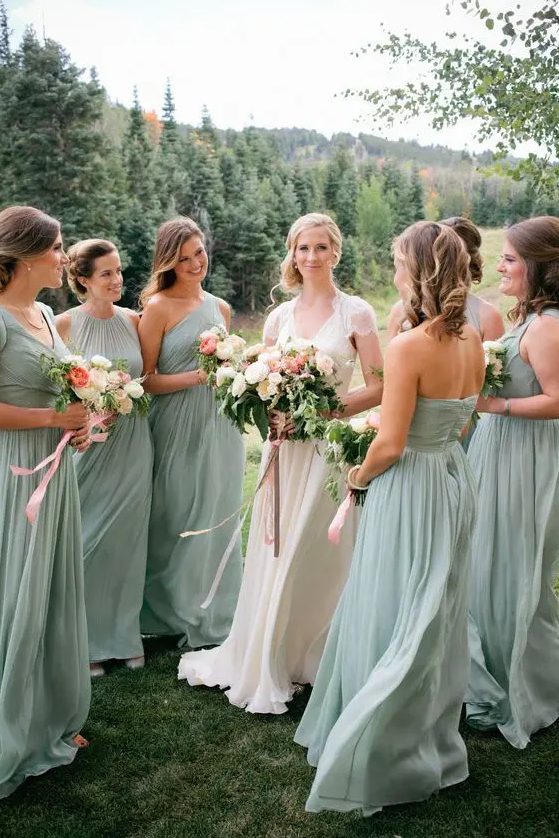 sage green mismatching maxi dresses with various necklines and silhouettes for a pastel touch