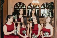stylish deep red to burgundy maxi bridesmaid dresses will be always a good solution for a fall or winter wedding