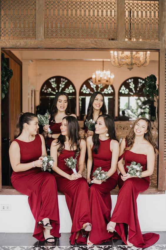 stylish deep red to burgundy maxi bridesmaid dresses will be always a good solution for a fall or winter wedding