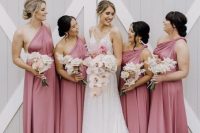 stylish one shoulder pink bridesmaid maxi dresses in a lovely shade of pink are great for spring and summer weddings