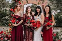 stylish red and burgundy maxi bridesmaid dresses, off the shoulder, strapless and usual ones for a winter wedding