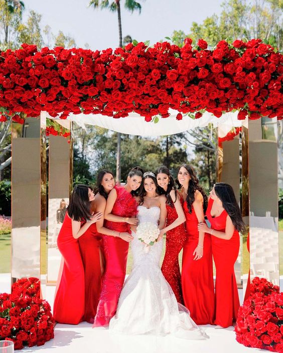 super hot red mix and match maxi bridesmaid dresses are fantastic for a bold red wedding