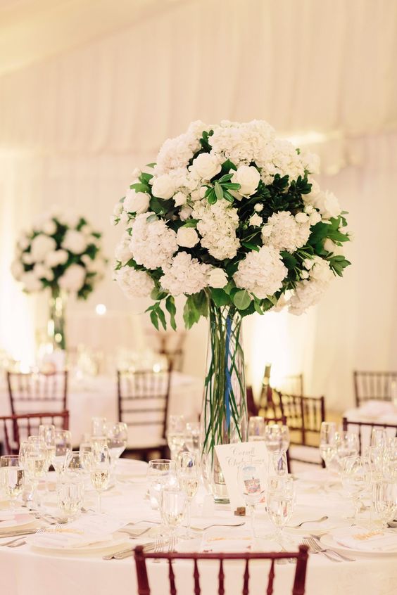 a classic wedding centerpiece of long-stem roses and hydrangeas looks adorable and sophisticated