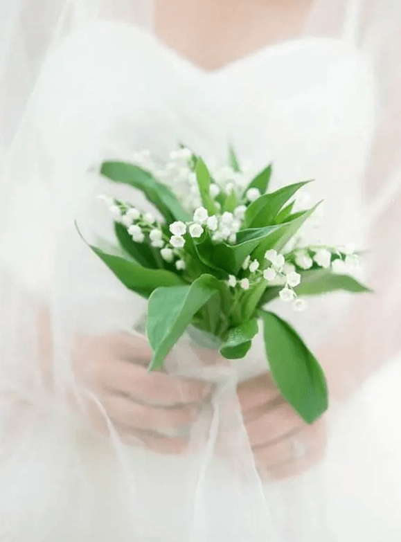 a tiny and gorgeous lily of the valley wedding bouquet with leaves is a fantastic idea for a spring bride, it looks and feels airy