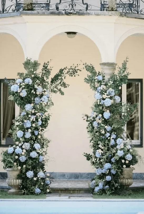 a lovely hydrangea wedding altar created in a real wedding arch, with greenery and light blue hydrangeas is a delicate and chic idea