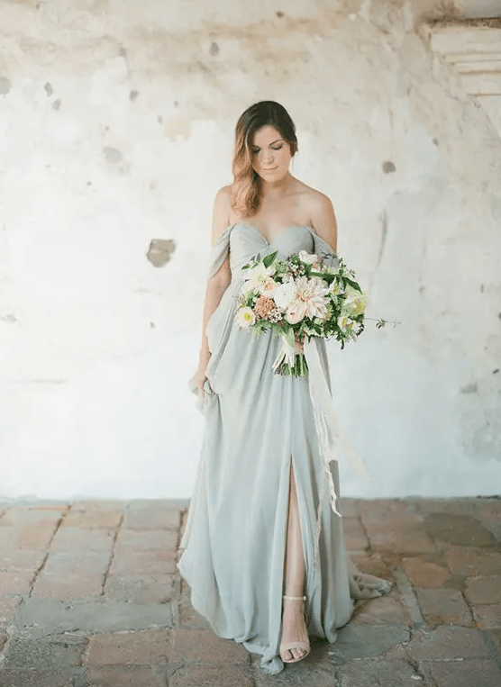 a pastel green off the shoulder bridesmaid's dress is a great solution for a delicate spring or summer wedding
