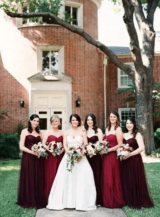burgundy and ruby red strapless maxi dresses for a truly fall feel at your wedding