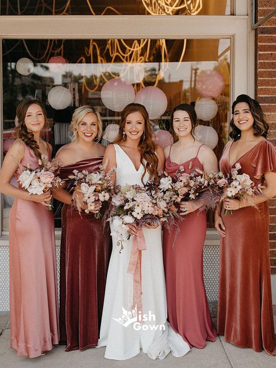 coral, burgundy and pink off the shoulder, strap and spaghetti strap maxi bridesmaid dresses for a bold fall wedding