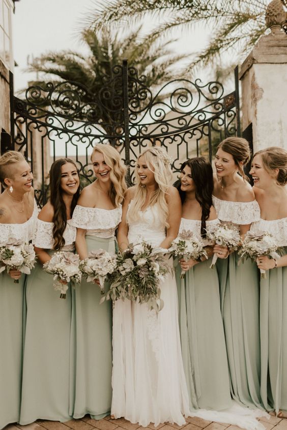 creative green and mint off the shoulder maxi bridesmaid dresses with lace bodices and plain skirts are amazing