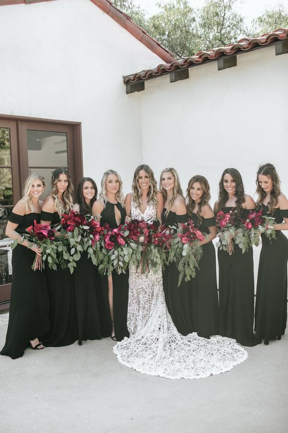 dark green maxi off the shoulder bridesmaid dresses are a cool statement for a bold or dark fall wedding