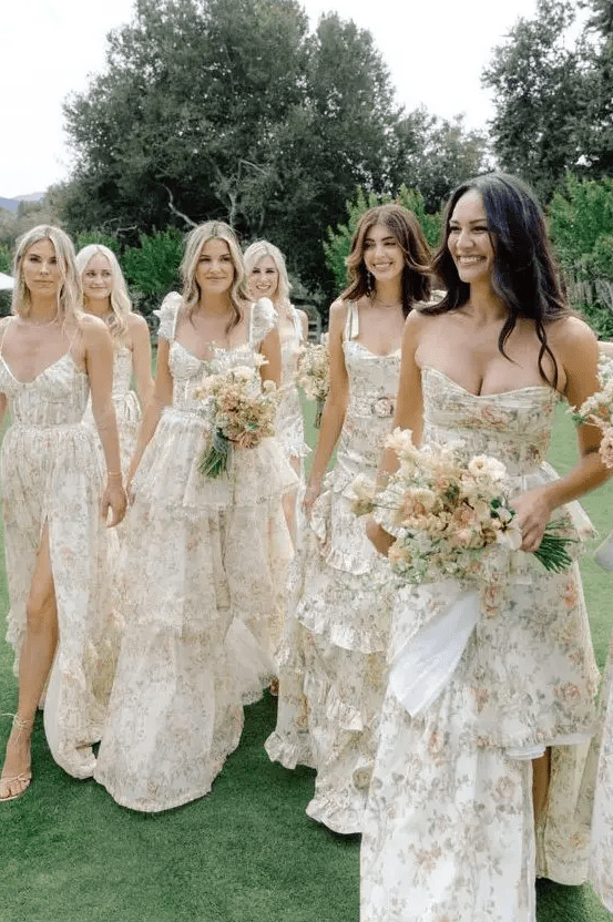 dreamy floral print maxi bridesmaid dresses with straps and without are amazing for a summer wedding