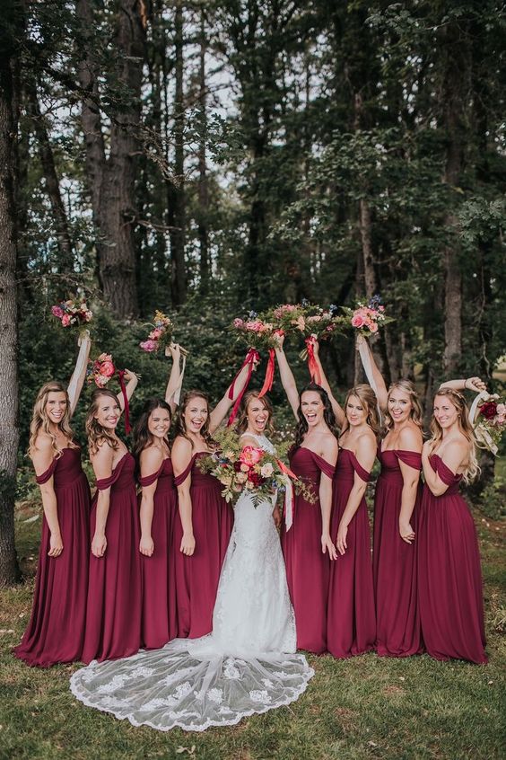 elegant and refined burgundy off the shoulder bridesmaid dresses with pleated skirts are amazing for the fall