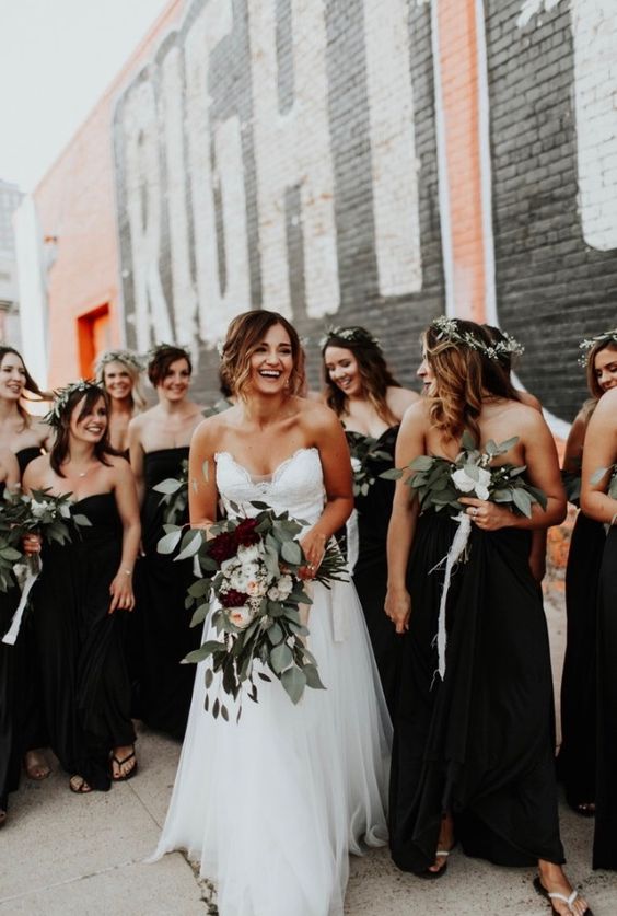 elegant black strapless maxi bridesmaid dresses paired with greenery bouquets are super cool and lovely
